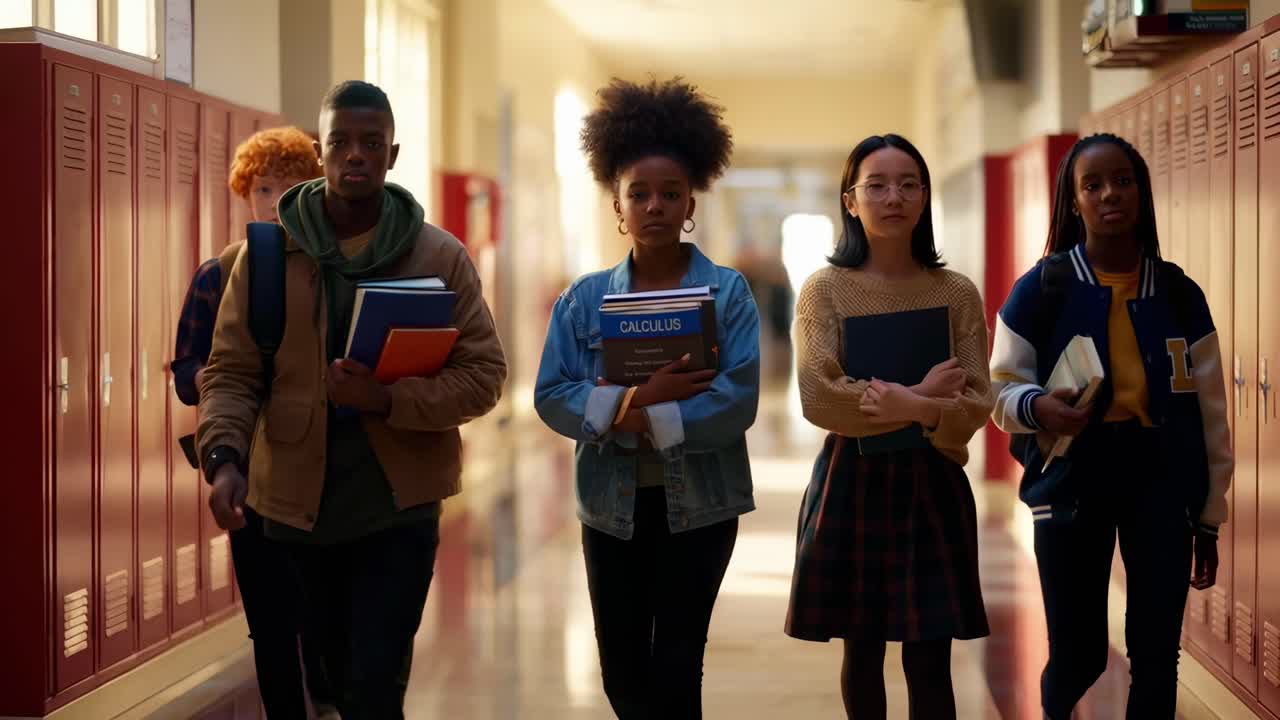 A video still of diverse students walking confidently in a school hallway, eye-level angle