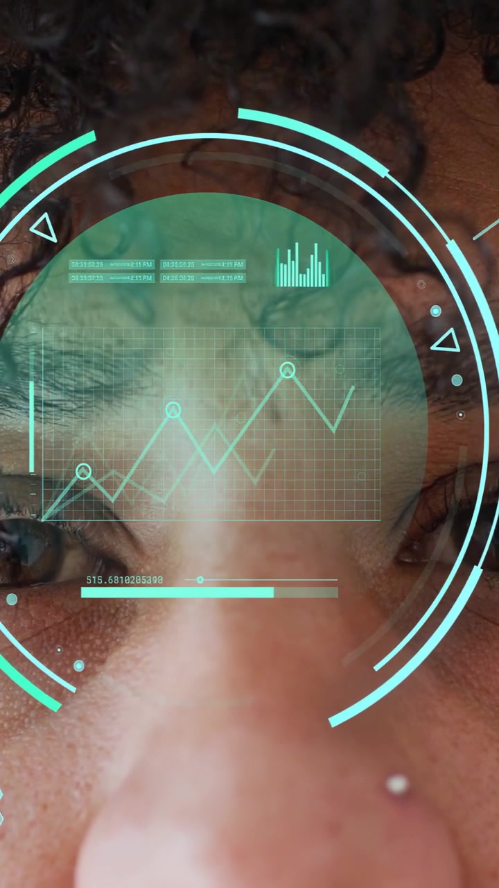 Vertical video: Man holding phone close, phone applying AR HUD on nose, graph peaking for tech scan