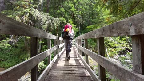 alejándose de la cámara en un puente de madera en la isla de vancouver
