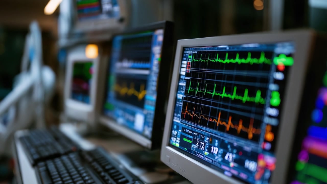 Monitoring Vital Signs: A Close-up Look at Advanced Medical Equipment Displaying Real-Time Heart Rate and Other Physiological Data in a Healthcare Setting