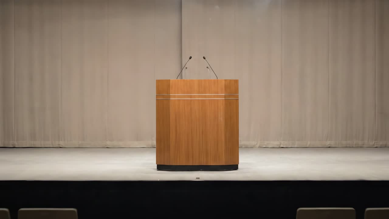 Tom konferencesal med podium og mikrofoner på scenen