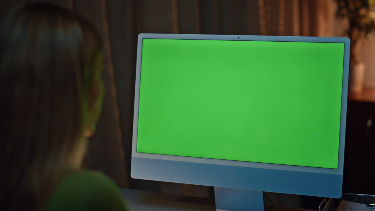 Woman looking mockup computer monitor at dark apartment close up. Unknown worker