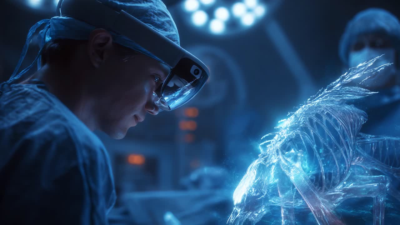 A futuristic surgical environment depicting a medic utilizing advanced technology to operate on a holographic representation of a complex creature, showcasing innovation and medical expertise in the operating room