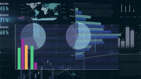 Animation of colourful graph over charts and data processing on black background