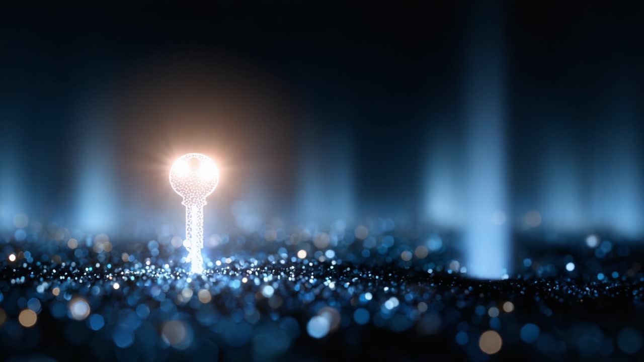 A futuristic key made of shimmering particles stands prominently against a dark blue background, symbolizing access, possibilities, and cosmic connections