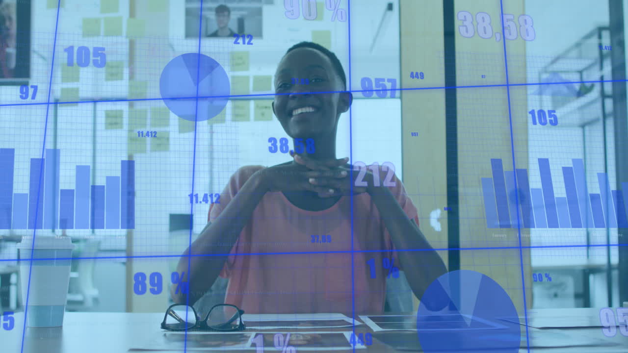Animation of graphs and changing numbers over african american woman talking on video call