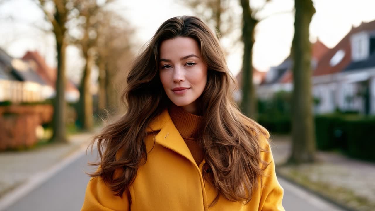 Una Joven Segura de Sí Misma Paseando por una Calle Arbolada en Otoño, Irradiando Alegría y Estilo Mientras Luce un Vibrante Abrigo Amarillo, Perfecto para la Moda Otoñal