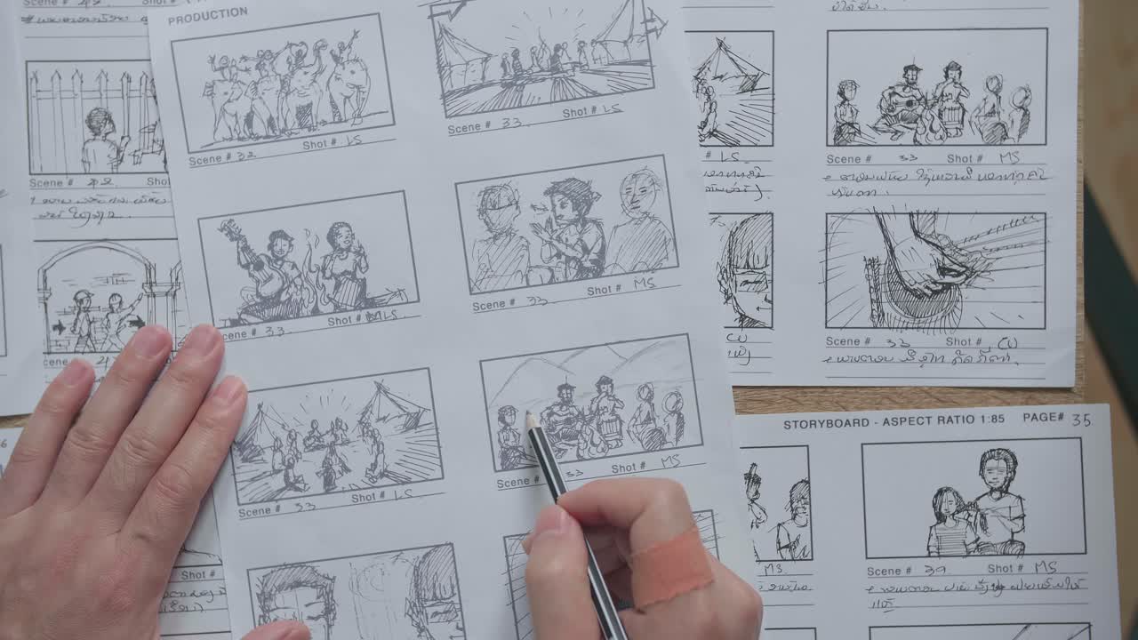 Top View Of Hands Man Drawing Storyboard Animation Comic Cartoon, Design Creative Scene Layout At Studio. Behind Making Work Before Production Films Or Video Shot