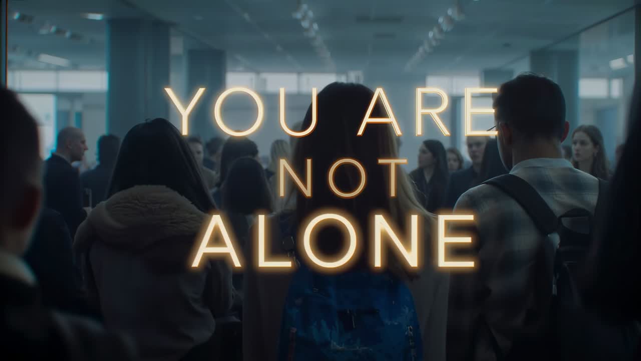 Standing woman in coat, blue backpack at lobby while YOU ARE NOT ALONE appearing, drawing focus