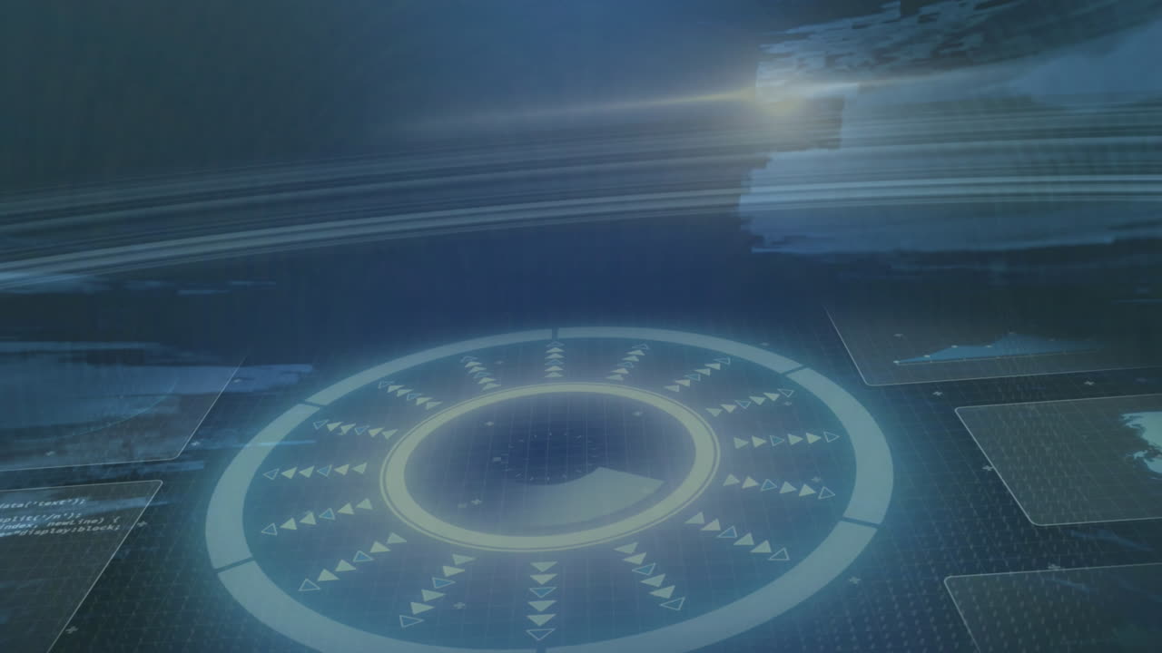 Animation of circular scope scanning and data processing on black background background