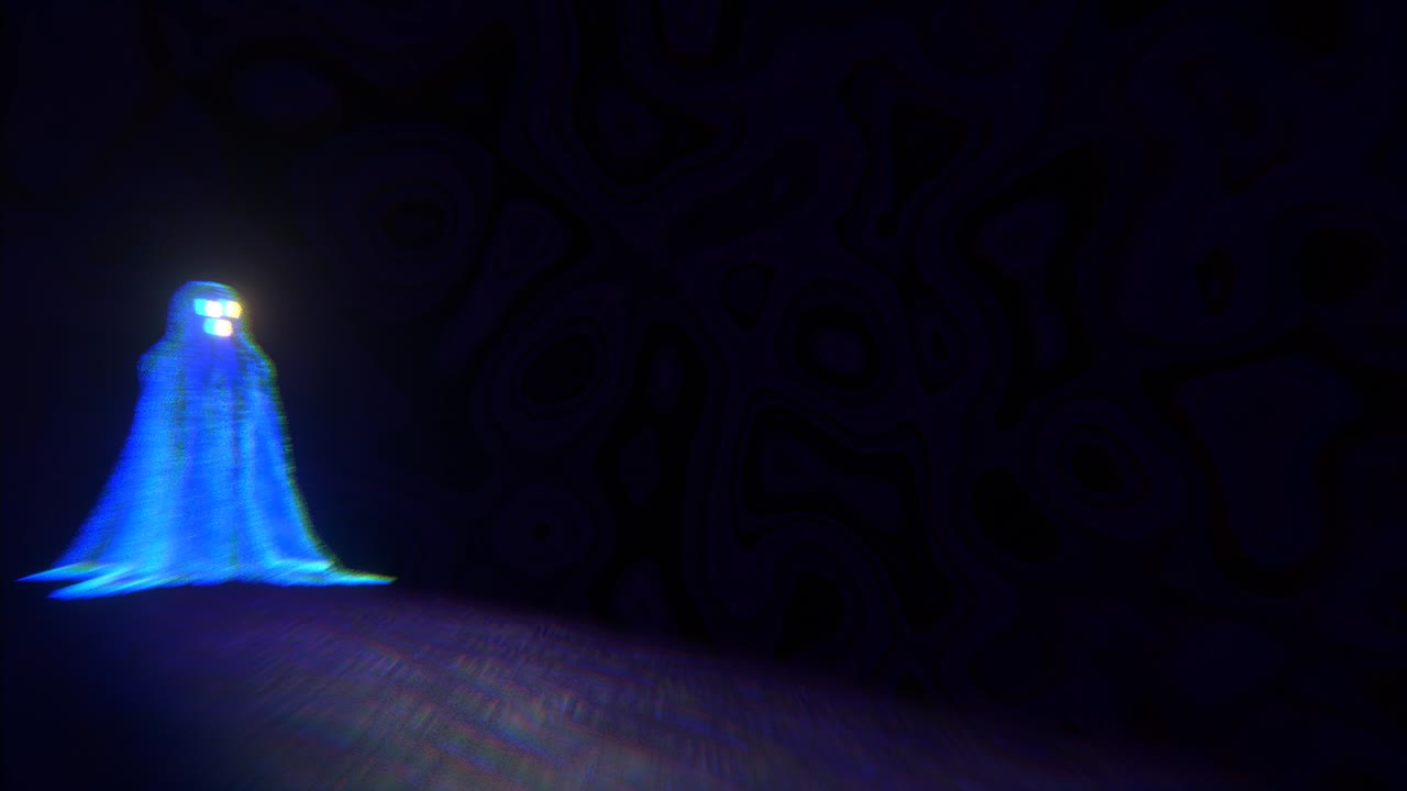 Mysterious blue ghost with glowing eyes floating through a dark, spooky space. Ethereal animation for halloween, paranormal, and horror themes