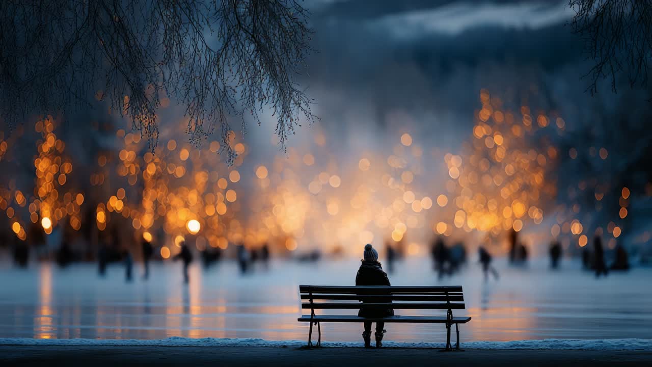A solitary figure sits on a bench, gazing at a serene winter landscape illuminated by warm, glowing lights, as skaters glide on the smooth ice in the background, capturing the essence of tranquility and connection