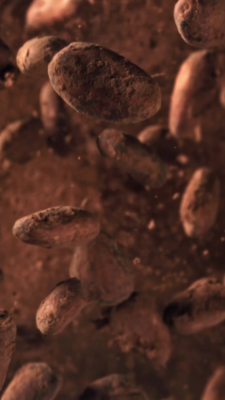 Primer plano a cámara lenta de granos de cacao flotando en líquido oscuro