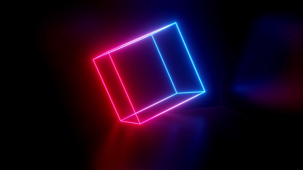 Rotating neon cube. 4k looped animation background with neon glow, light gradient blue red magenta. 3d luminous frame figure rotates smoothly in the dark in cycle.