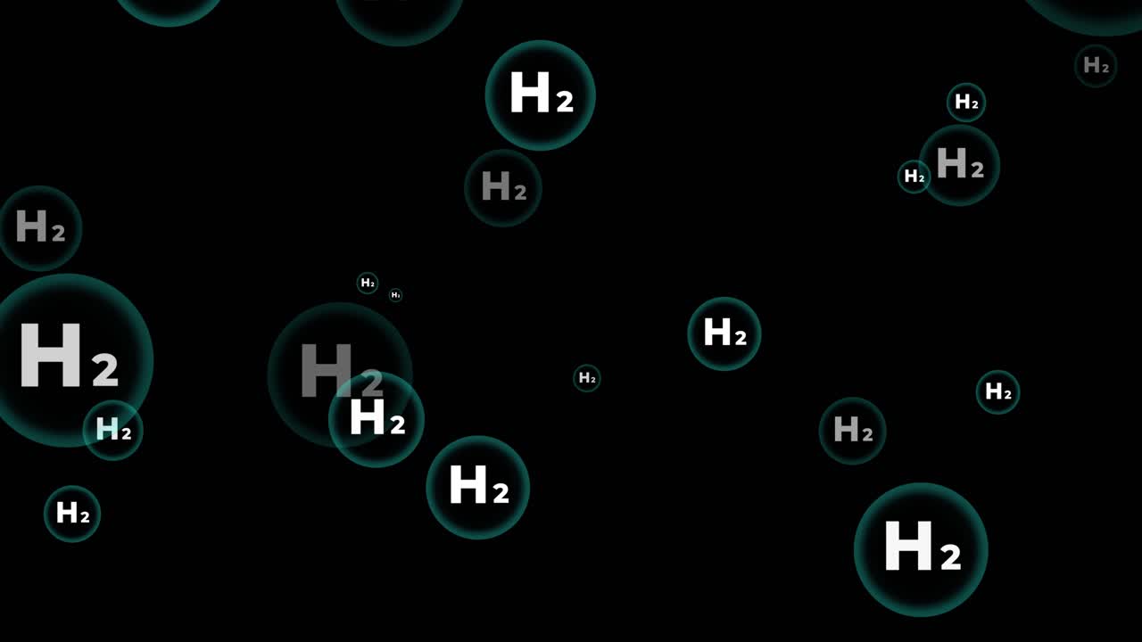 H2 Particles of a green hydrogen. Future renewable energy source. Animation on black background with alpha channel