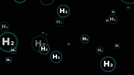 h2 particles of a green hydrogen. future renewable energy source. animation on black background with alpha channel