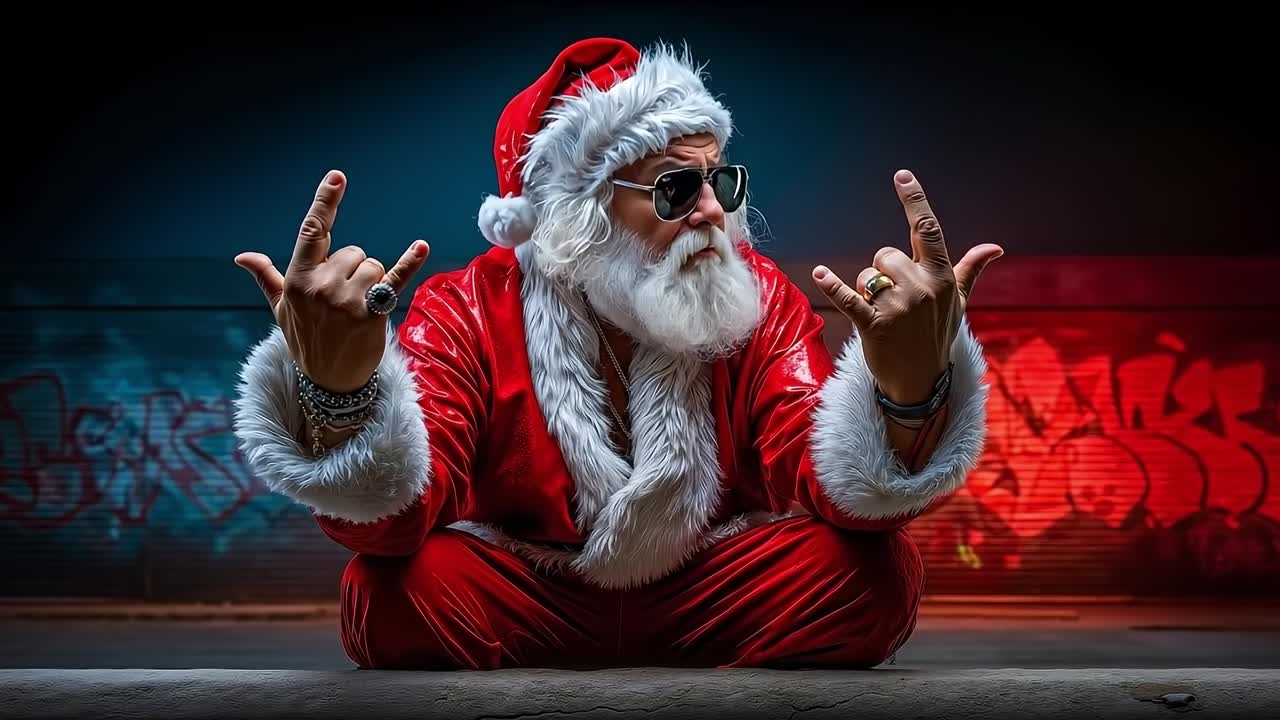 A man dressed as Santa Claus sitting on the ground with his hands in the air