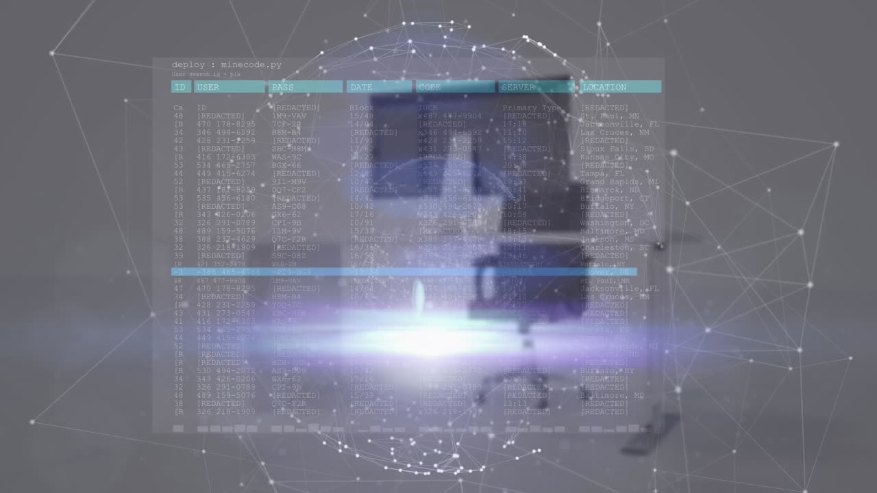 데이터 프로세싱의 애니메이션, 연결 네트워크의 글로브 및 사무실 책상에 대한 빛의 점