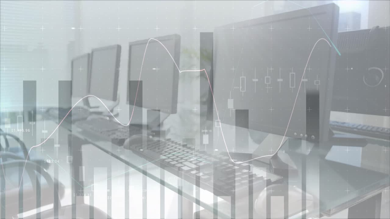 컴퓨터로 비어있는 사무실에서 통계로 금융 데이터 처리의 애니메이션