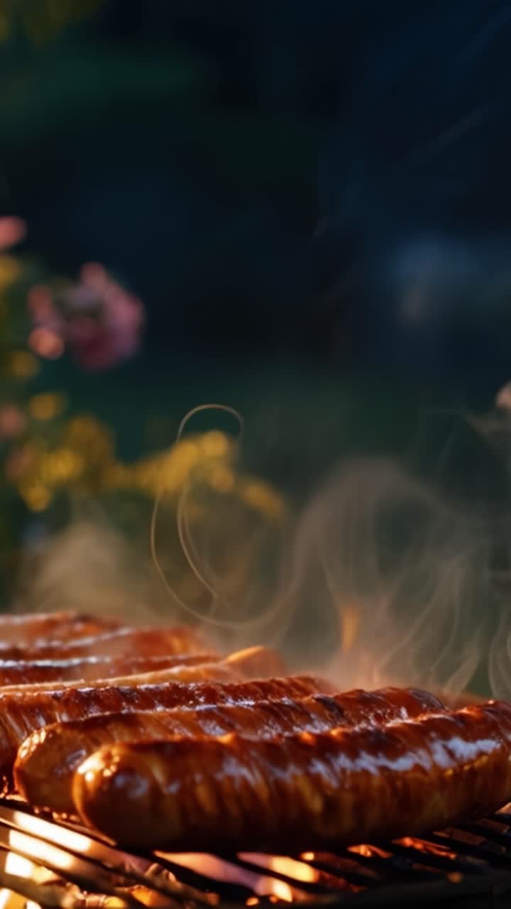 Salsicce sfrigolanti sulla griglia: una deliziosa scena di barbecue con fumo e fiamme catturata con dettagli sorprendenti per gli amanti del cibo e gli entusiasti della cucina