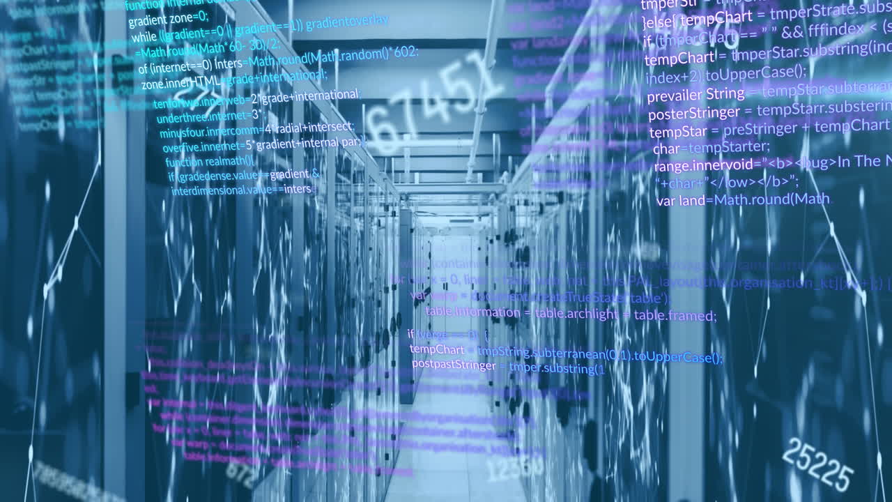Animation of changing numbers and computer language over connected dots on server racks