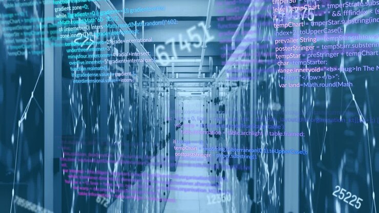 Animasjon av tall som endrer seg og kodespråk over sammenkoblede prikker på serverrack