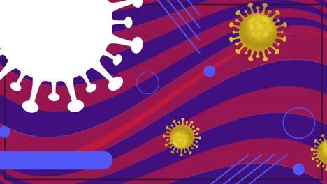 animación de células del virus covid sobre un fondo de rayas curvas rojas y púrpuras