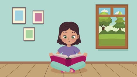 una niña leyendo un libro de animación