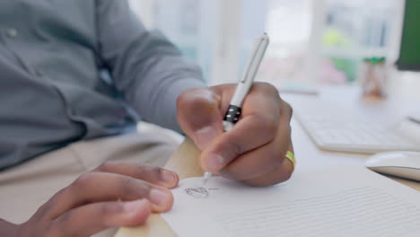 negocios, hombre negro y manos escribiendo