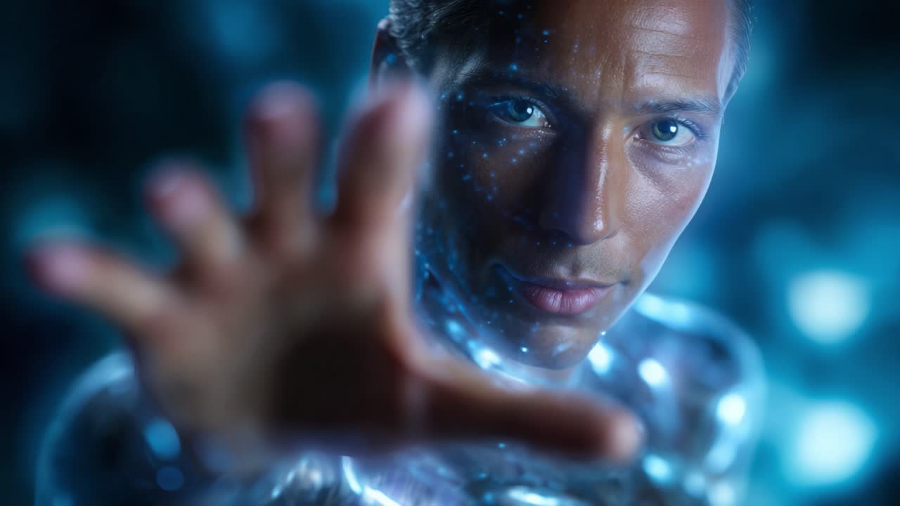 Una figura futuristica con motivi digitali luminosi che si protende come per connettersi con una tecnologia invisibile in un ambiente incantevole illuminato di blu.