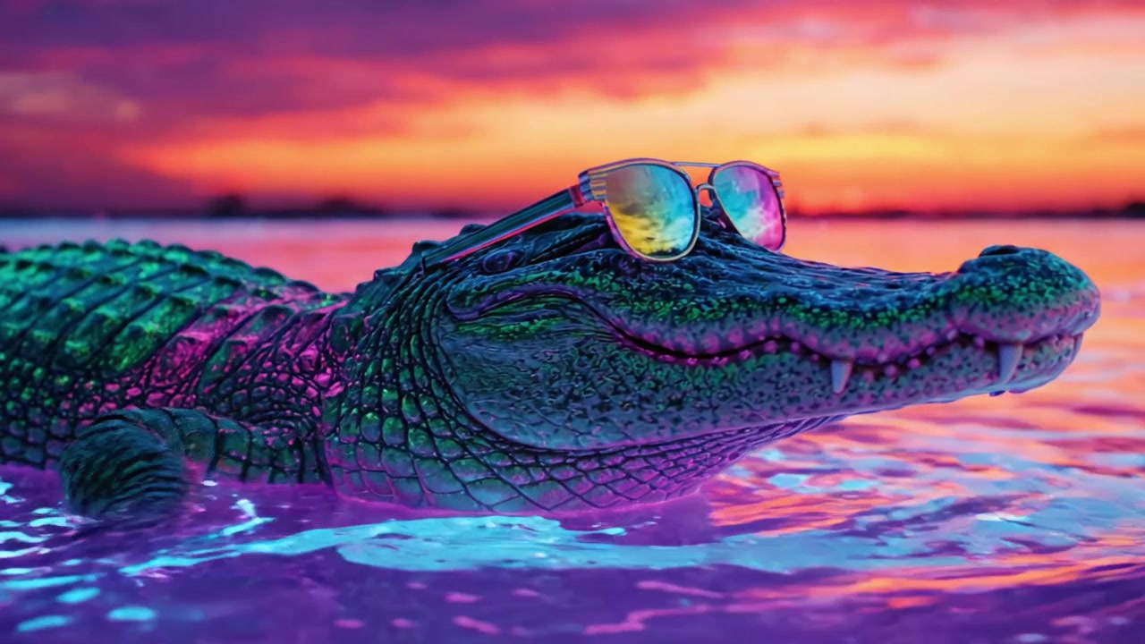 Un alligatore elegante fa un tuffo in acque vivaci al tramonto, sfoggiando occhiali da sole colorati sotto un cielo abbagliante.