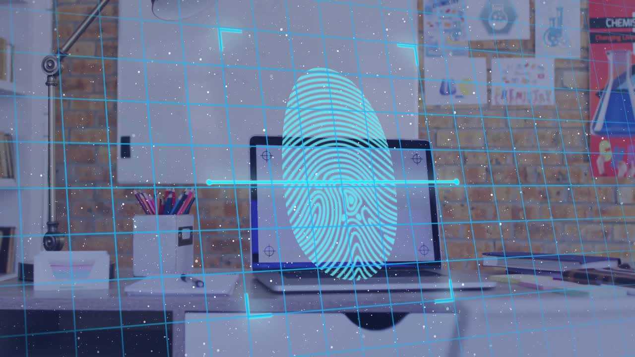 Animation of data processing with biometric fingerprint and padlocks over laptop