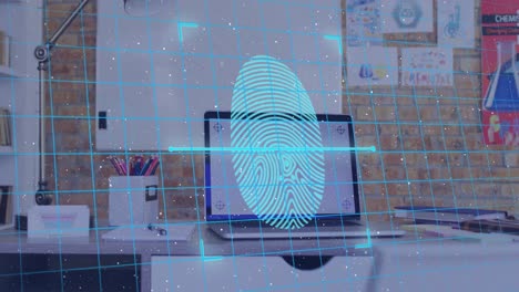 Animation-of-data-processing-with-biometric-fingerprint-and-padlocks-over-laptop