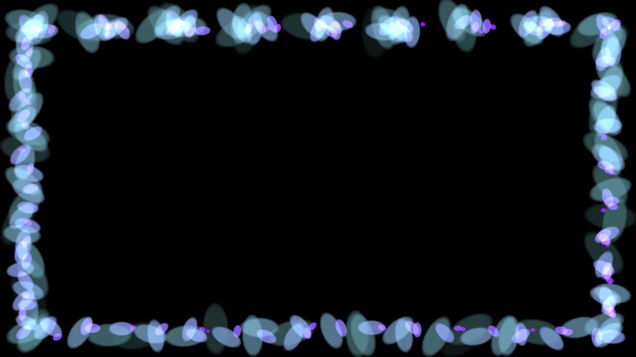 Animated picture image frame with blue ellipse shapes rotating on black background, 2D animation
