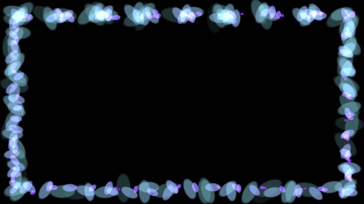 Animated picture image frame with blue ellipse shapes rotating on black background, 2D animation