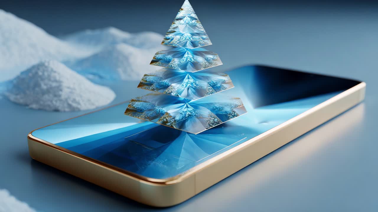 Un albero di Natale blu brillante visualizzato su uno smartphone: mette in mostra la fusione tra tecnologia e spirito festivo con strati simili a cristalli e uno sfondo innevato