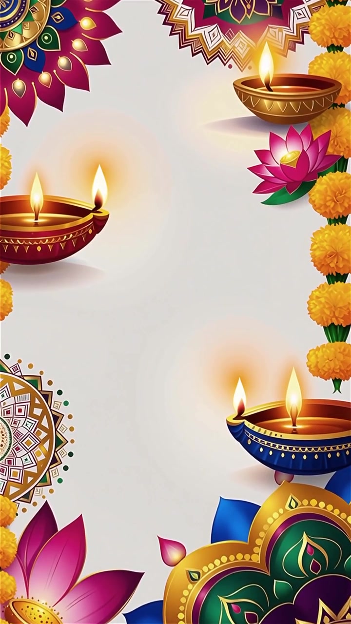 Sfondo Diwali con Diyas luminosi, Rangoli e fiori di loto
