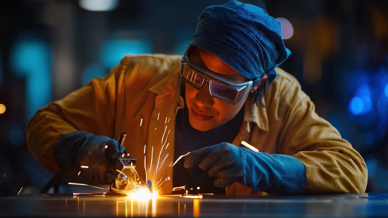 Skilled Welder Concentrating on Precision Work, Creating Sparks While Shaping Metal, Wearing Protective Gear and Engaging in Craftsmanship with Focus and Precision