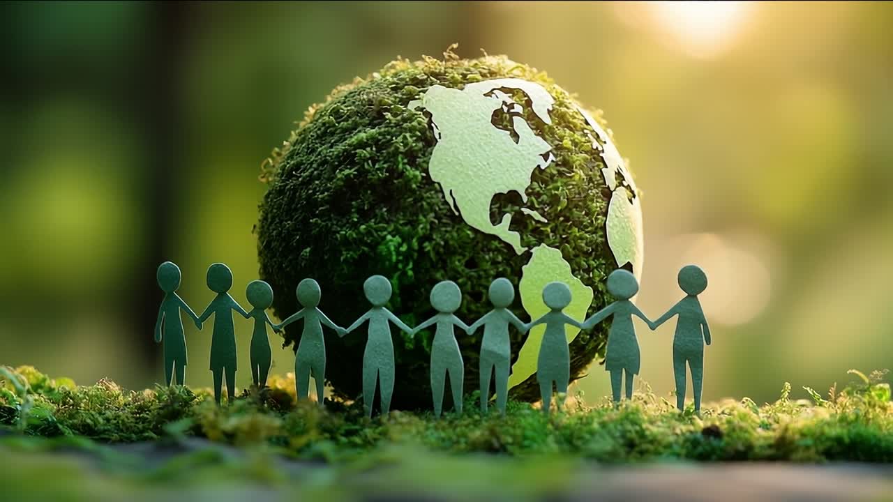 People unite around a green Earth model. A group of paper figures hold hands around a moss-covered globe, symbolizing unity and environmental care in nature.