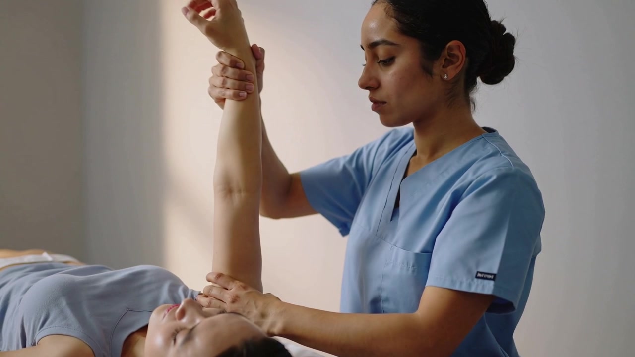 Clinico in camice medico che posiziona una mano vicino al paziente al tavolo, mobilizzando il braccio per la terapia, con spazio per il testo