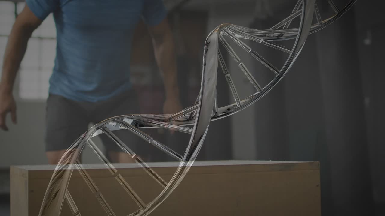 Man planting feet, starting box jumps for fitness, DNA helix sweeping across man, showing form
