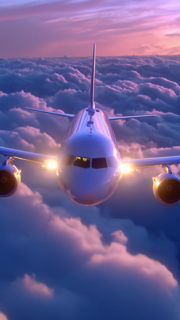 Un maestoso aereo che vola sopra nuvole vivaci durante il tramonto, catturando la bellezza dell'aviazione e i colori naturali nel cielo sopra l'orizzonte.