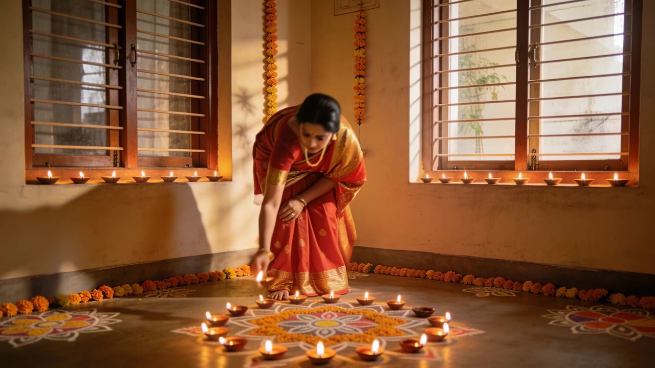 Lighting woman red-gold saree placing diyas on rangoli at home corner, using lit diya for Diwali