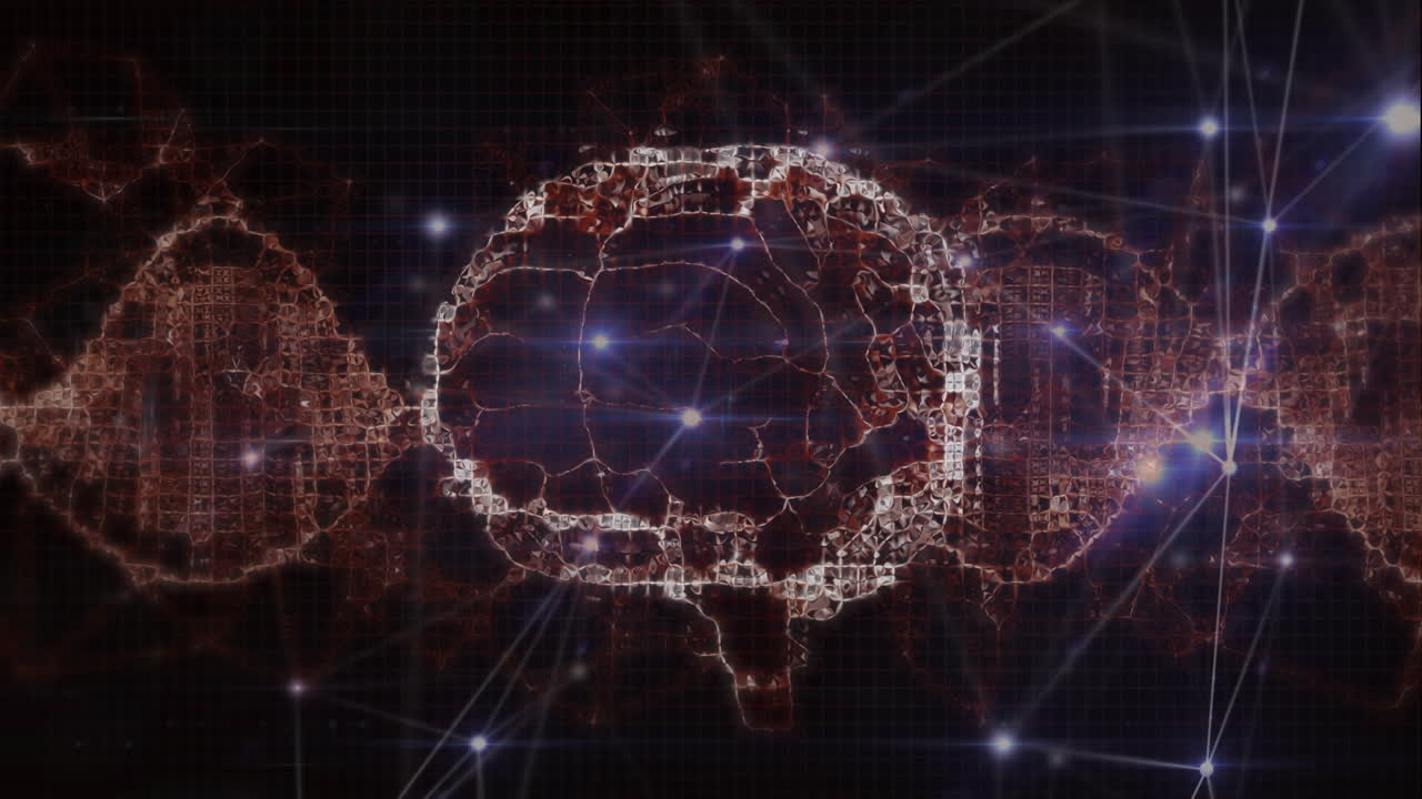 검은색 배경에 연결 네트워크와 함께 디지털 뇌와 dna 줄무의 애니메이션