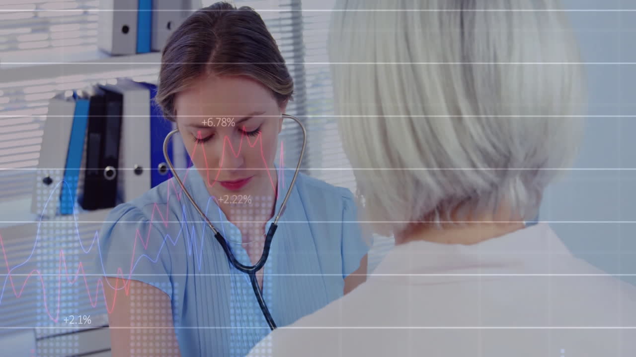 Examining patient with stethoscope, healthcare professional with animation of medical data