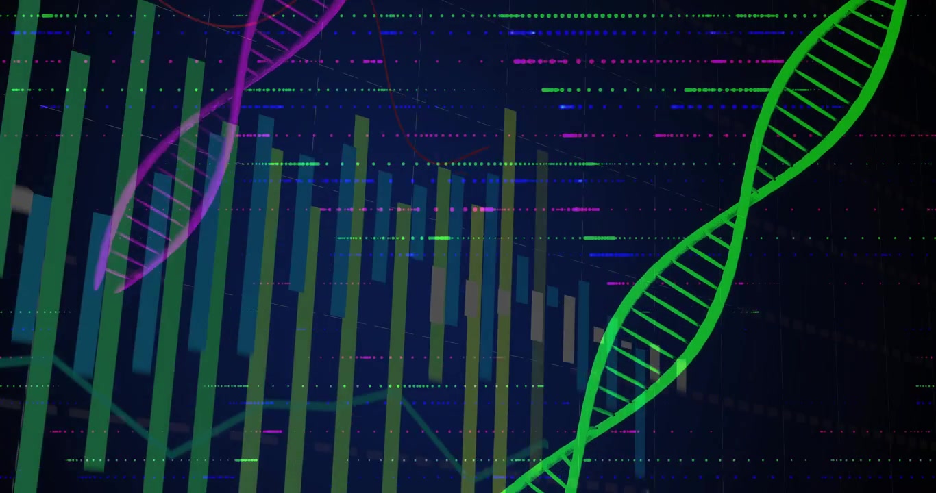 Dark grid initiating data visualization with green and magenta helices rising and bars fluctuating