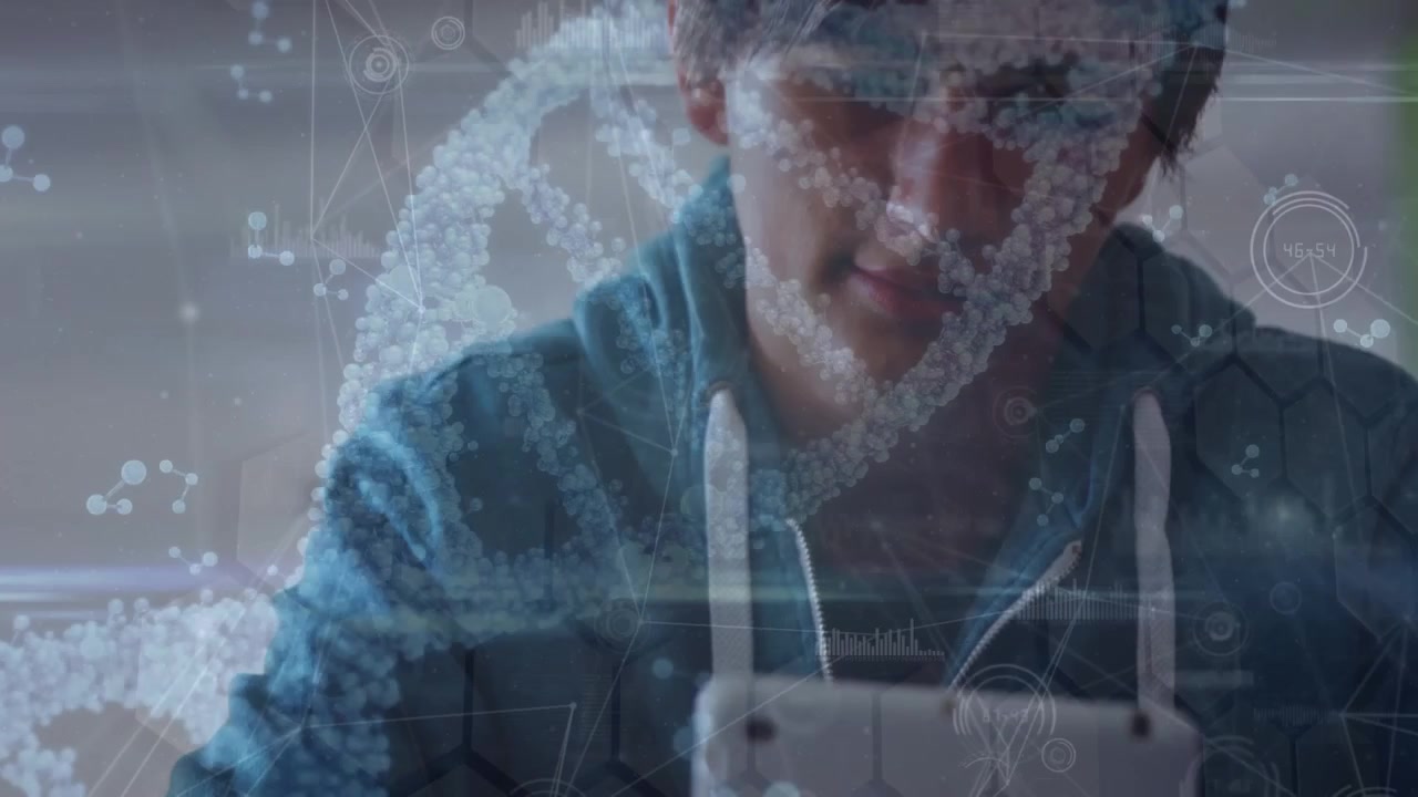Animation of network of connections over caucasian student,