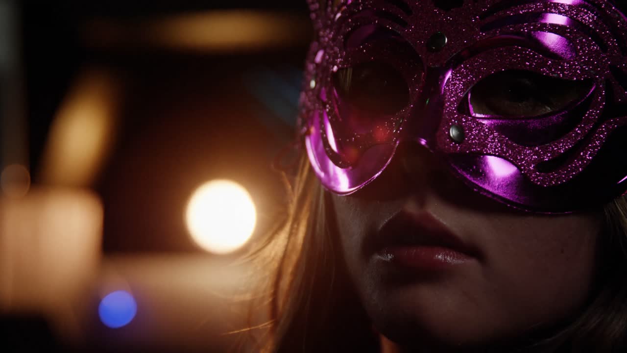 mujer con máscara de fiesta en un bar