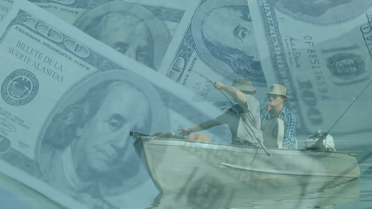 Digital composite video of two fishermen fishing against american dollar bills spinning