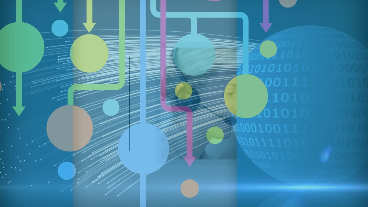 Colorful shapes and light trails over male and female customer care executive working at office